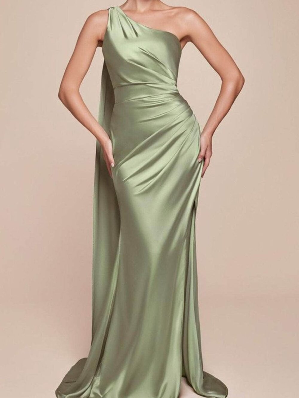One-Shoulder Satin Prom Gown in Sage Green
